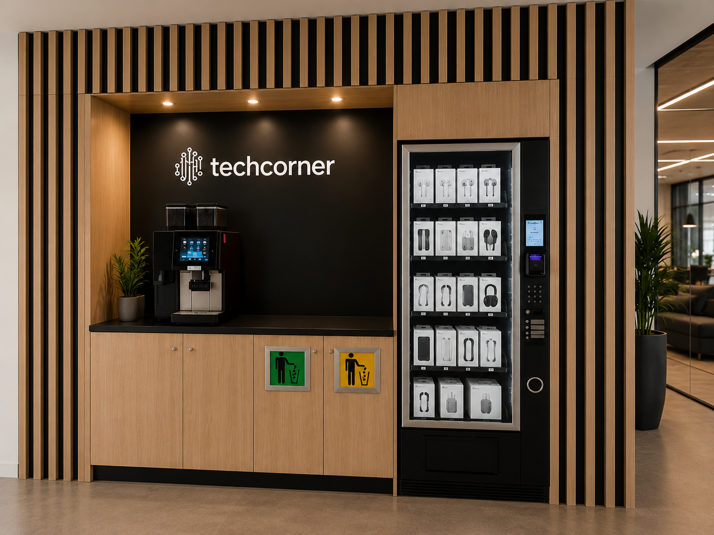Máquina vending TechCorner junto a máquina de café y mobiliario